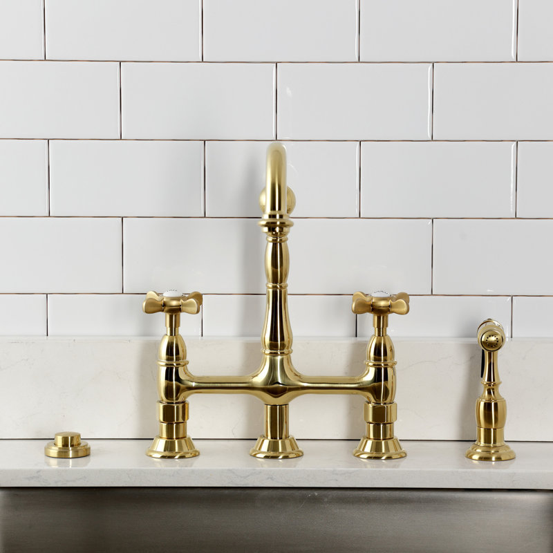 Kingston Brass Bel-Air Two-Handle 4-Hole Deck Mount Bridge Kitchen Faucet with Brass Side Sprayer, Cross, With Side Spray