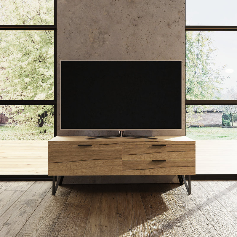 Kresge 3 Drawer TV Stand Cabinet Unit. 120cm Wide. For TVs up to 50". Cracked Oak Effect. Contemporary Black Metal Hair Pin Legs