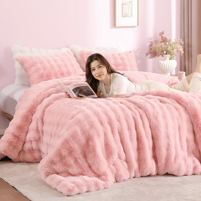 Fluffy Comforter Set 3 Pieces- Ultra Soft & Warm Faux Fur Comforter With Two Pillowcases For Winter, Pink