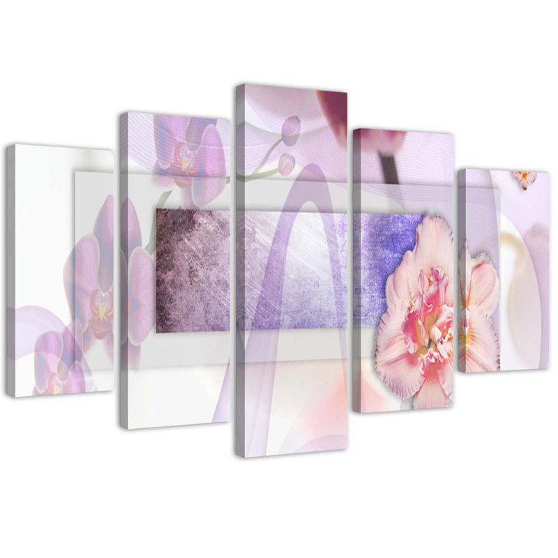 Abstract Violet Flowers 5 Piece Wrapped Canvas Wall Art Set, 100cm H x 150cm W