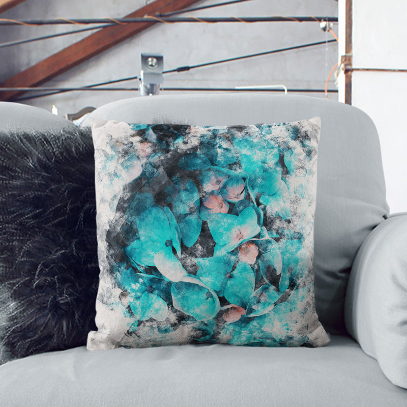 Teal Blue Hydrangeas Watercolour Square Throw Cushion, 55cm H x 55cm W x 20cm D