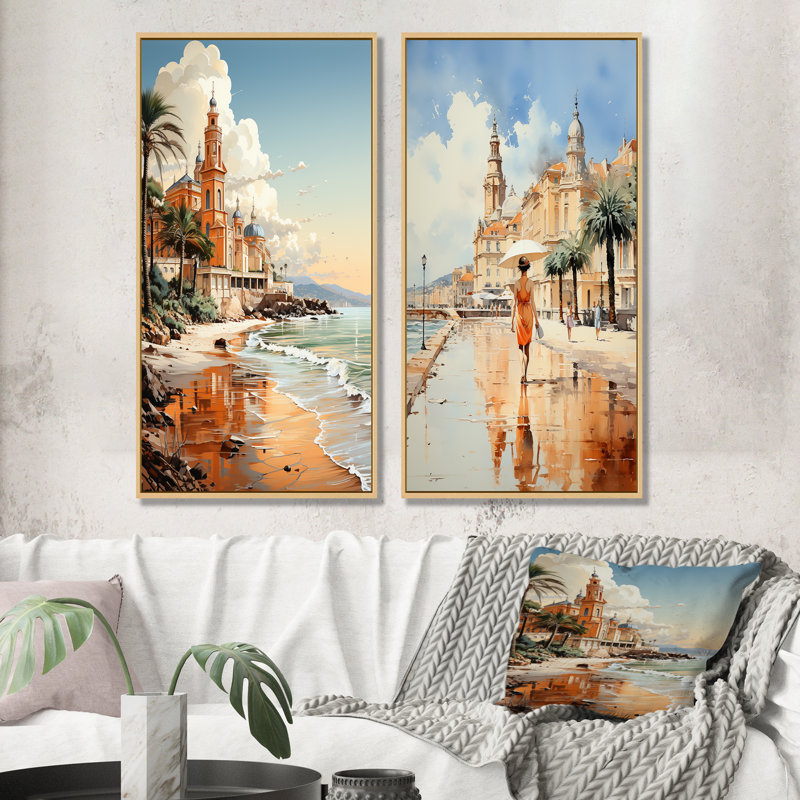 City of Nice Nostalgia - Beach & Ocean, ensemble de 2 reproductions d'art sur toile, Encadrement brun, H 40 po x l 41 po
