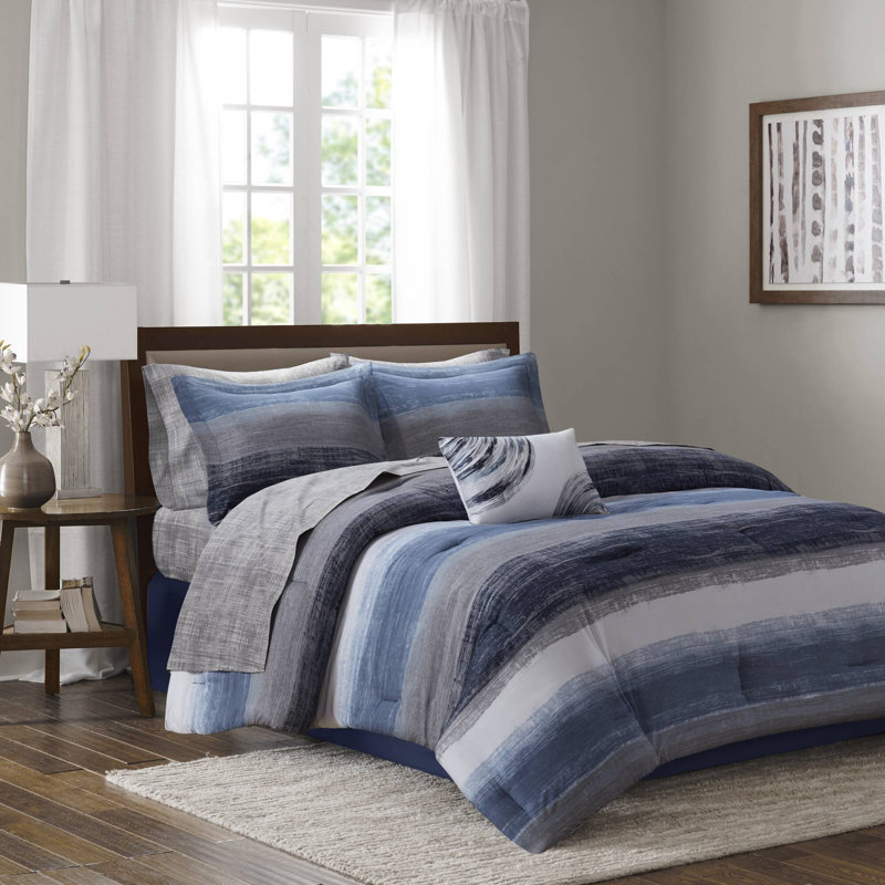 9-Piece Comforter Set With Cotton Bed Sheets, Navy Multi Striped, Queen Sheet Set