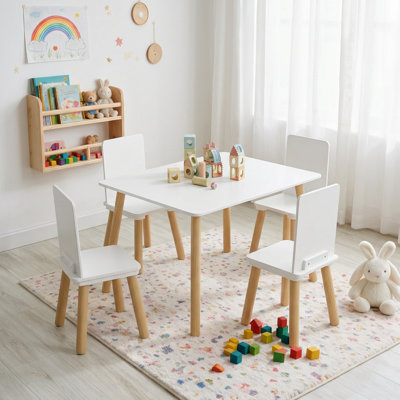 Kids Table and 4 Chairs Set, Wooden Toddler Activity Table Set, White Children Play Table for Drawing, Reading, Snack Time, Playroom, Bedroom, Nursery
