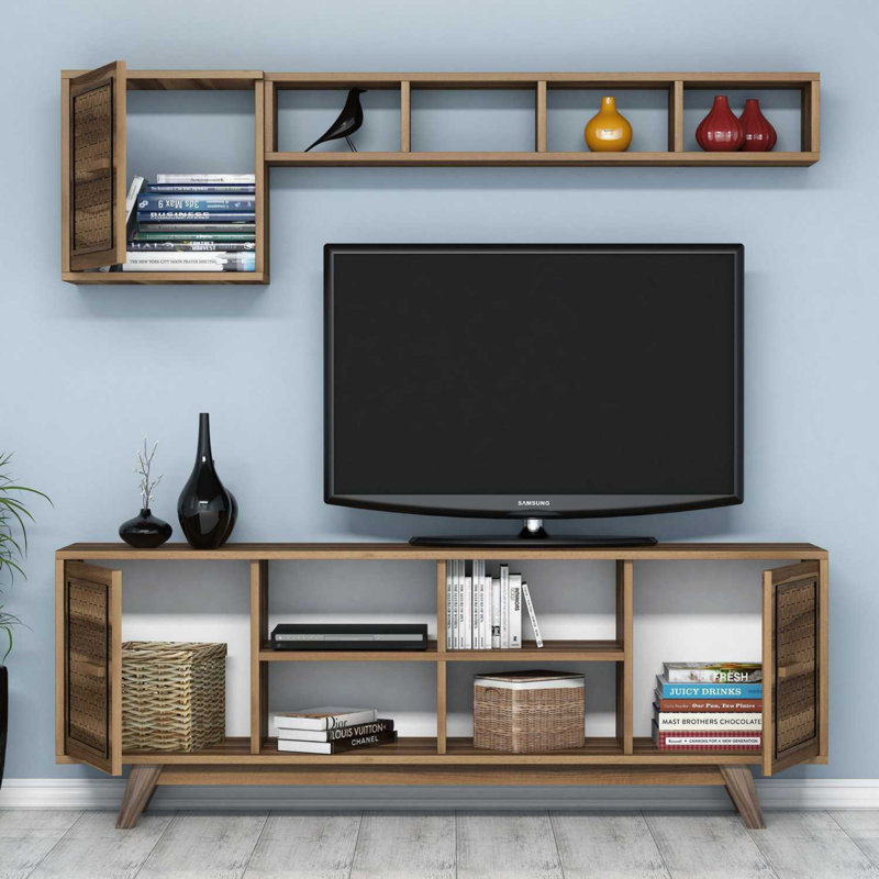 Modern Walnut TV Unit with Wall Shelf & Cabinet, 63.0 x 22.1 x 13.8 inches | 100% Melamine Coated Particle Board, Thickness: 0.7 inches | Multiple Shelves, Wall-Mountable, Stylish Geometric Design for Living Room & Entertainment Spaces