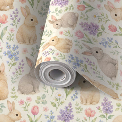 Papier peint auto-adhésif Aquarelle Lapins de Pâques fleurs de printemps œufs autocollants et amovibles 24 po x 118 po (60 x 300 cm)