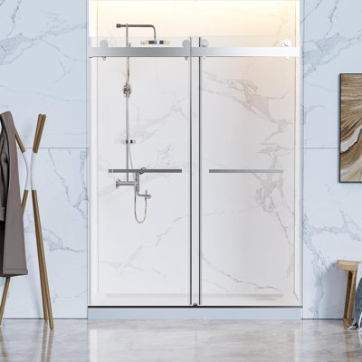 56-60"Wx76"H Frameless Sliding Shower Door with 3/8"SGCC Tempered Glass, , Reversible Installation