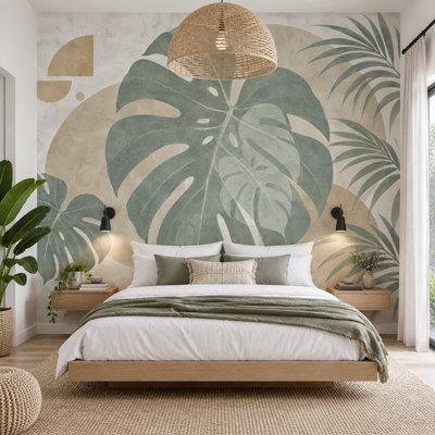 Papier peint botanique vert sauge feuilles tropicales