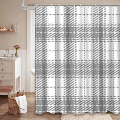 Rideau de douche blanc sans couture à motif abstrait écossais gris avec 12 crochets