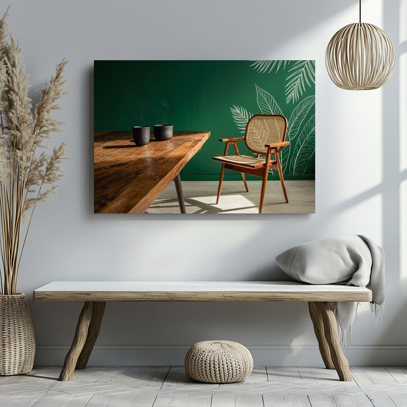 Toile, scène intérieure douillette avec table en bois et art mural, H 16 po x l 20 po