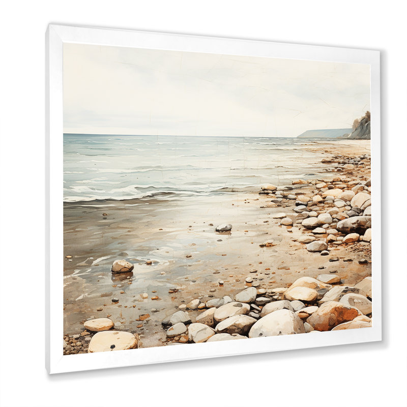Coastal Pebble Beach I - Art mural minimaliste côtier, Cadre flottant noir, H 30 po x l 30 po x P 1,5 po