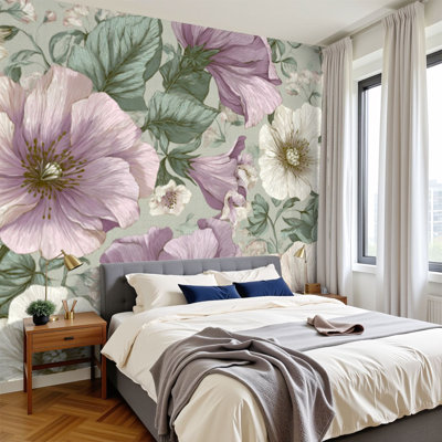 Papier peint autocollant à motif d'aquarelles douces à motif floral H 100 po x l 144 po Cottagecore