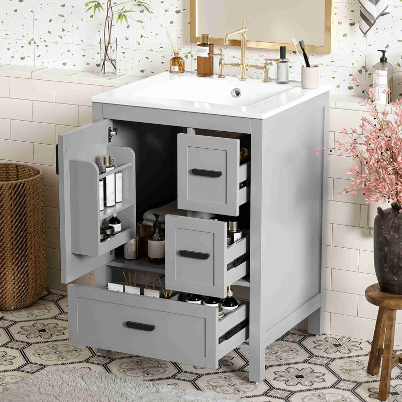 Meuble-lavabo de salle de bain avec lavabo en céramique, Gris / noir
