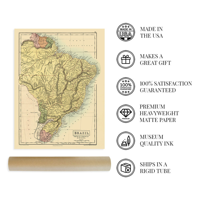 Carte du Brésil, 1873, Paraguay, Guyane, 1873, sur papier, H 36 po x l 24 po