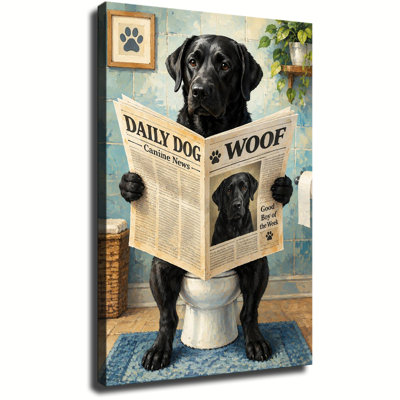 Black Labrador On Toilet Reading Daily Dog Newspaper Bathroom Canvas Wall Art