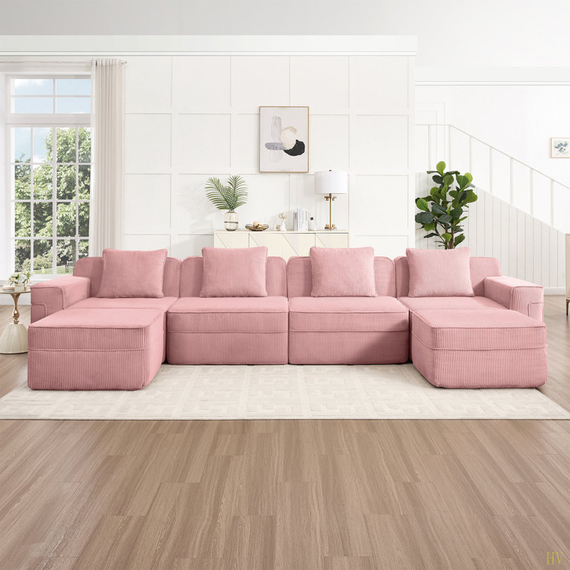 Canapé modulaire modulaire en forme de U sans siège à 4 places, canapé modulaire Cloud avec assise profonde, canapé modulaire moderne à 4 places avec coussins décoratifs et 2 repose-pieds amovibles, tissu en velours côtelé