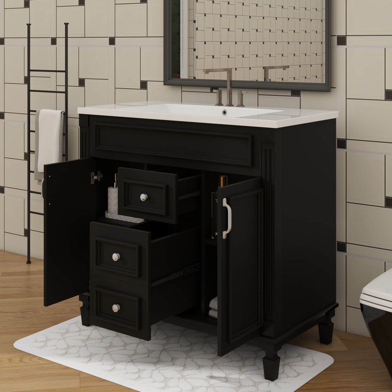 Meuble-lavabo sur pied 36 po avec lavabo intégré, armoire avec 2 portes et tiroirs à fermeture en douceur, Noir