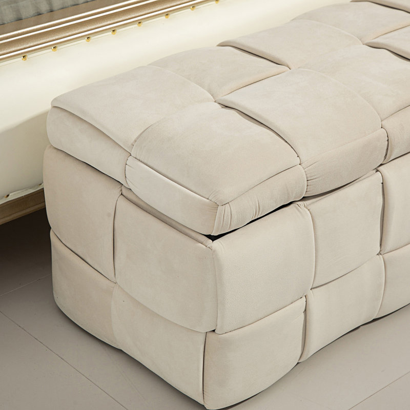 Pransh Velvet Upholstered Storage Bench, Beige