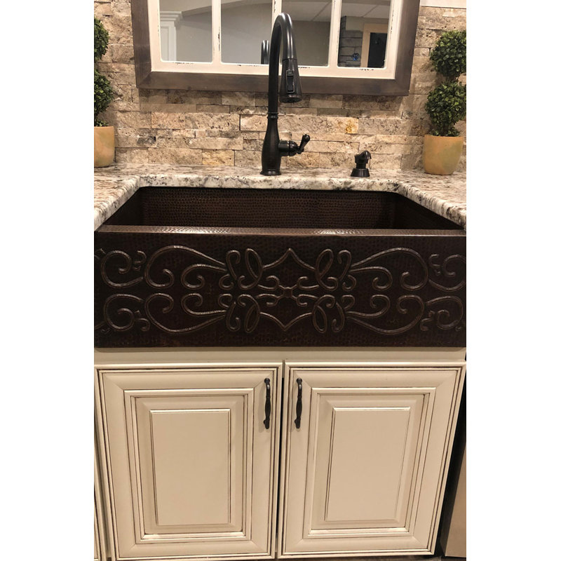 30" Hammered Copper Kitchen Apron Single Basin Sink with Scroll Design with Matching Drain and Accessories