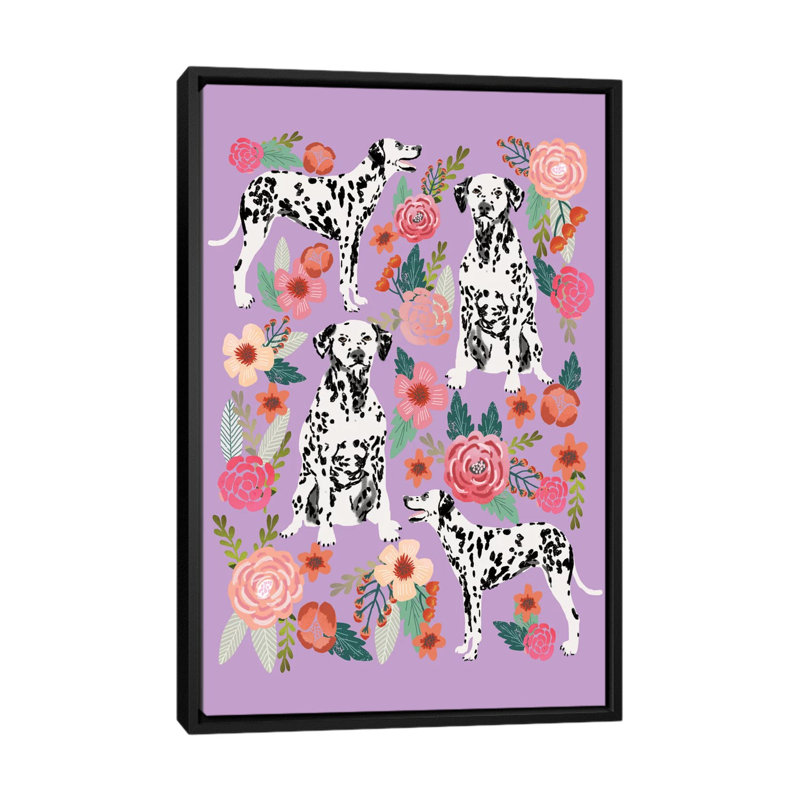 « dalmatien floral collage », impression sur toile tendue, H 26 po x l 18 po x P 1,5 po, Toile avec cadre noir, Pas de tapis