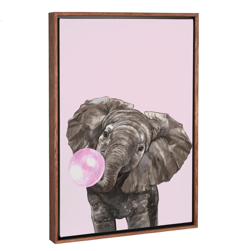 Art d’éléphant de gomme à bulles, Toile avec cadre en bois classique, H 26 po x l 18 po x P 1,5 po