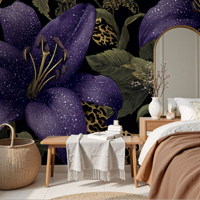 Papier peint adhésif rétro avec motif léopard mauve et serein rétro, motif exotique tropical H 100 po x l 144 po, papier peint amovible en PVC, adhésif mural pour chambre à coucher, bureau à domicile