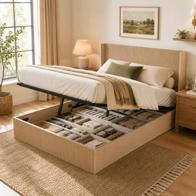 Queen Size Lift‑Up Storage Bed Frame, Grooved Platform Bed, No Box Spring Needed