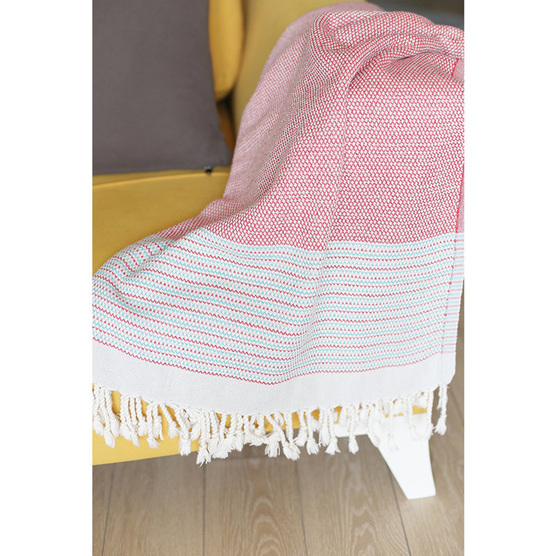 Handwoven Red Turkish Cotton Throw Blanket Set with Tassels