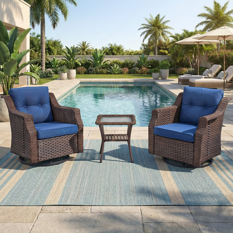 Chaises berçantes pivotantes d'extérieur en rotin 3 pièces avec table d'appoint en verre, Bleu