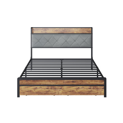 Structure de lit plateforme en métal avec tête de lit capitonnée en velours, 2 tiroirs de rangement, lumière DEL et port de charge USB, panneau en bois brun robuste, aucun sommier requis