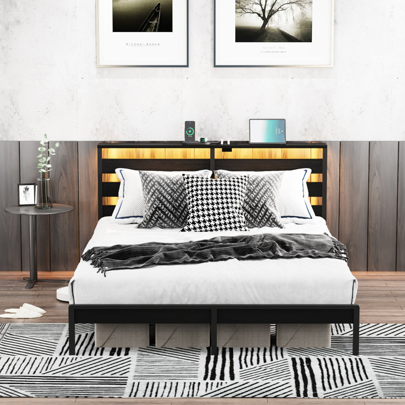 Structure de lit double avec éclairage à DEL, station de charge pour tête de lit, sans sommier, rangement sous le comptoir, assemblage facile, conception moderne, noir et métal, profondeur 79,92 po, largeur 54,12 po, hauteur 40,08 po, 600 lb
