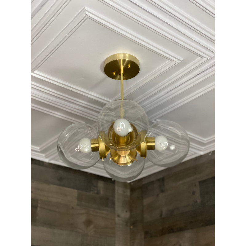 Lustre moderne 5 lumières Mid-Century, Laiton brut, Transparent