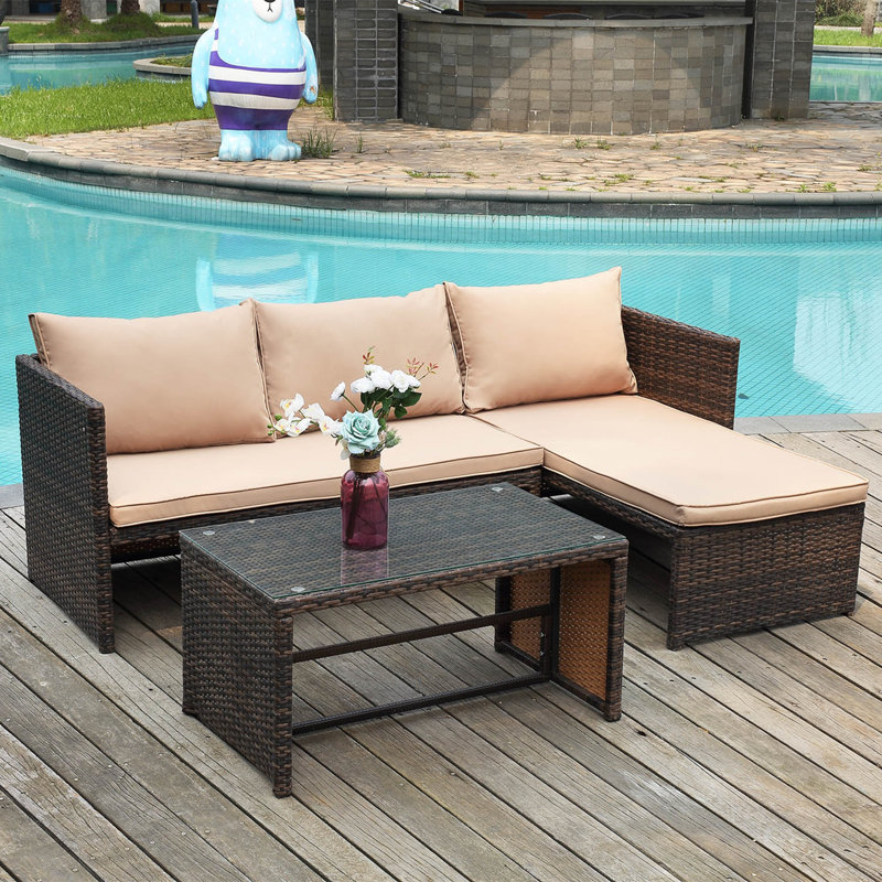 3 Piece Patio Conversation Sofa Seating Group With Cushions, Tan