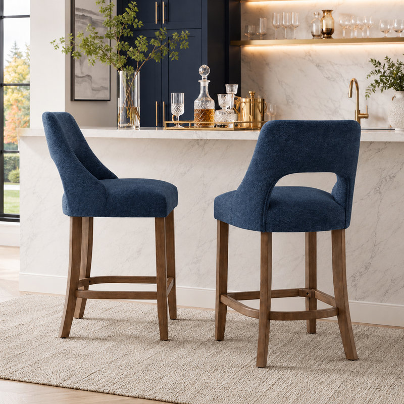 Ensemble de 2 tabourets de bar contemporains avec dossier incurvé et pieds en bois pour îlot de cuisine, Navy