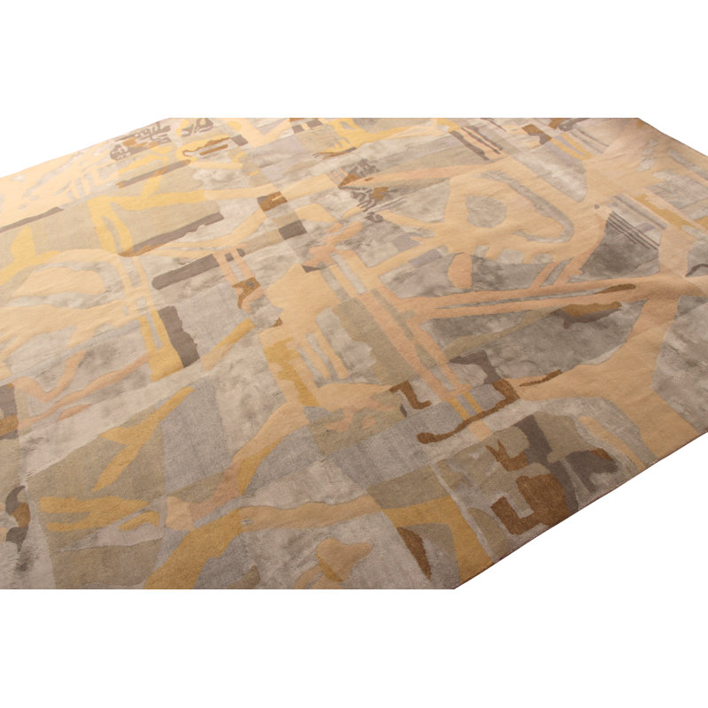 Mid Century Modern Hand Knotted Geometric Area Rug, Rectangle 10' x 14'