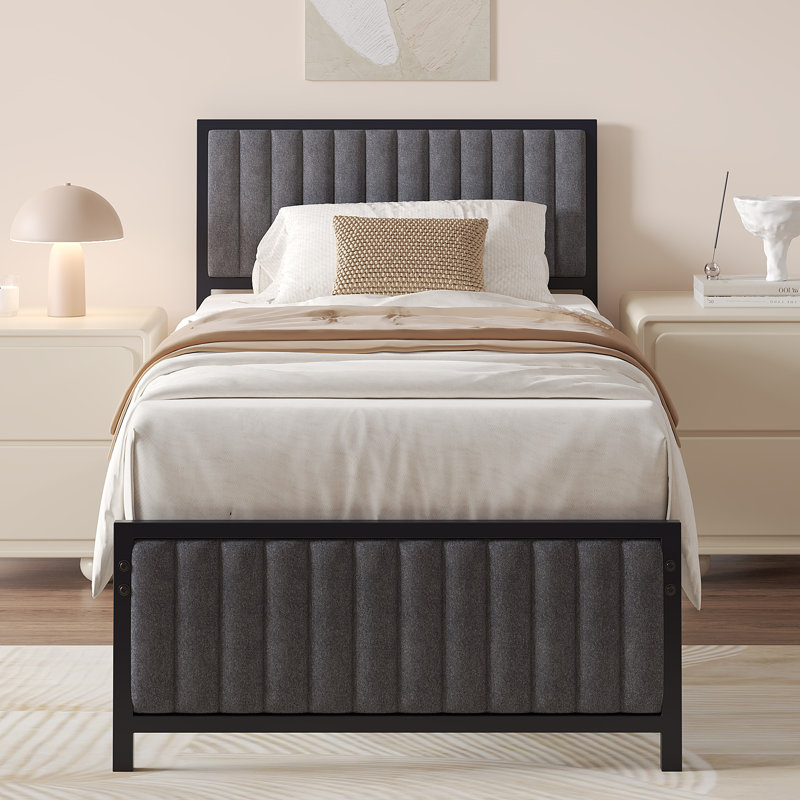 Single/Double Metal Platform Bed Frame With Upholstered Headboard And Footboard, No Box Spring Needed, Grey/Beige, Dark Grey