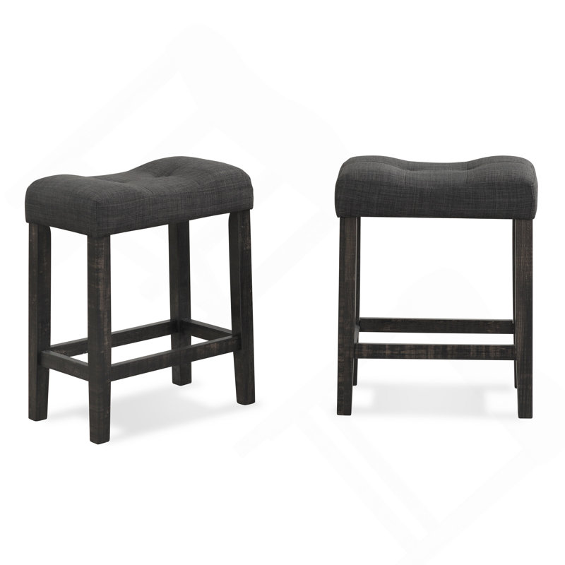 Sora Button Tufted Counter Height Saddle Stool, Set Of 2, Black Seat/Black Frame