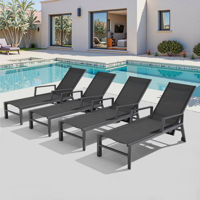 Recliner Patio Aluminum Chaise Lounge, Adjustable Backrest by an Air Cylinder (Set of 4)