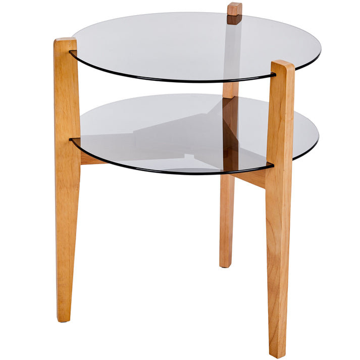 Table de bout ronde à deux niveaux avec tablettes en verre trempé et pieds en bois d'hévéa Magnum, Naturel