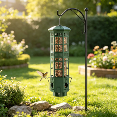 Squirrel Proof Bird Feeder, Heavy Duty Chew Resistant Metal Hanging Feeder for Outdoors, Gravity Spring Mechanism, Multiple Feeding Ports, Large Capacity, Weatherproof Wild Bird Feeder