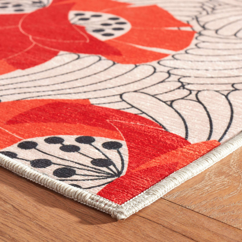 Japanese Poppy Multi Machine Washable Rug, Rectangle 4' x 6'
