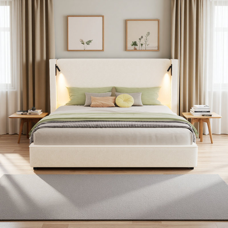 Base de lit rembourrée avec tête de lit haute à oreilles, lampe de lecture et port USB, Très grand lit