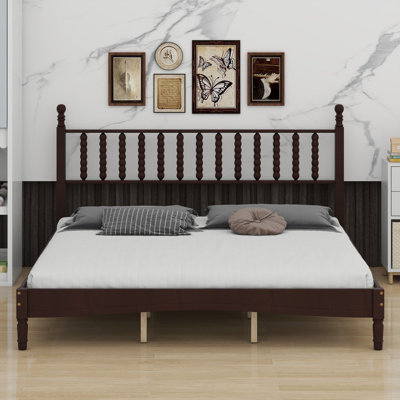 Wood Platform Bed With Gourd Shaped Headboard,Retro Style Platform Bed With Wooden Slat Support