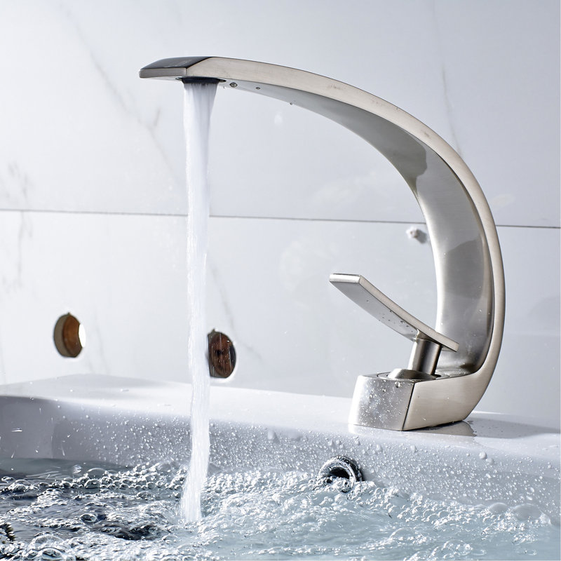 Robinet de lavabo de salle de bain en nickel brossé - Monotrou avec forme géométrique et valve de remplissage en céramique à commande manuelle