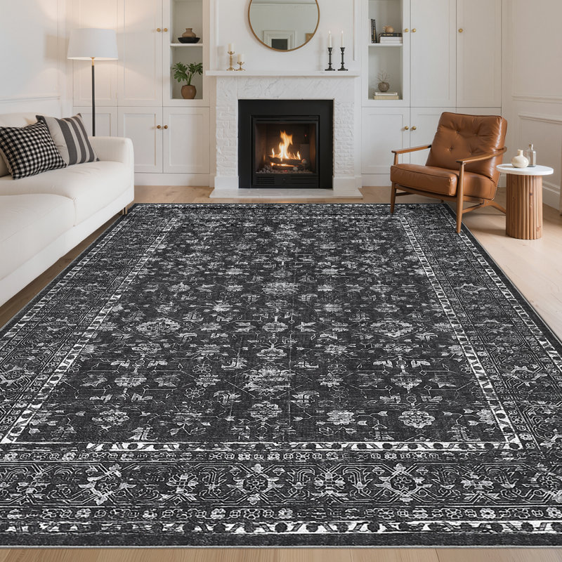 Floral Machine Printed Area Rug, Rectangle 160 x 230 cm, Black