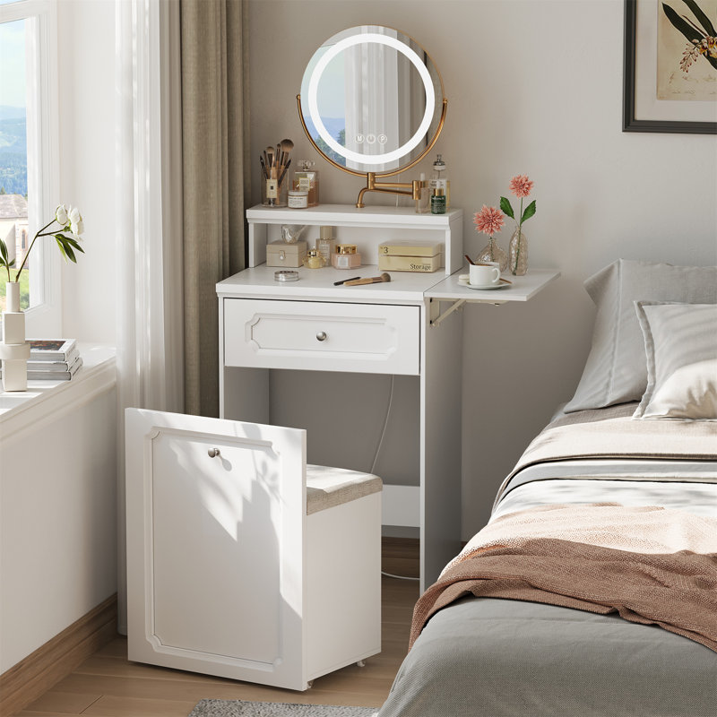 Bureau de coiffeuse blanc avec miroir rond et lumières, table de chevet 2 en 1, coiffeuse avec fauteuil