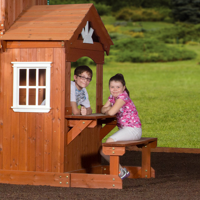 Backyard Discovery Shenandoah Cedar Wood Swing Set with Wave Slide, Clubhouse, Playhouse, and Play Kitchen