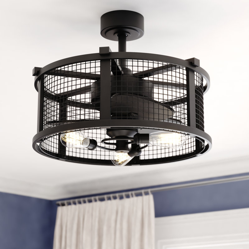 Ender 21 in. Oil Rubbed Bronze and Burnished Teak Indoor Rod Mount Industrial Fandelier Ceiling Fan with Anigre Blades, Dimmable LED Light Kit and Remote Control Included, 3 Speeds Caged Drum Shade