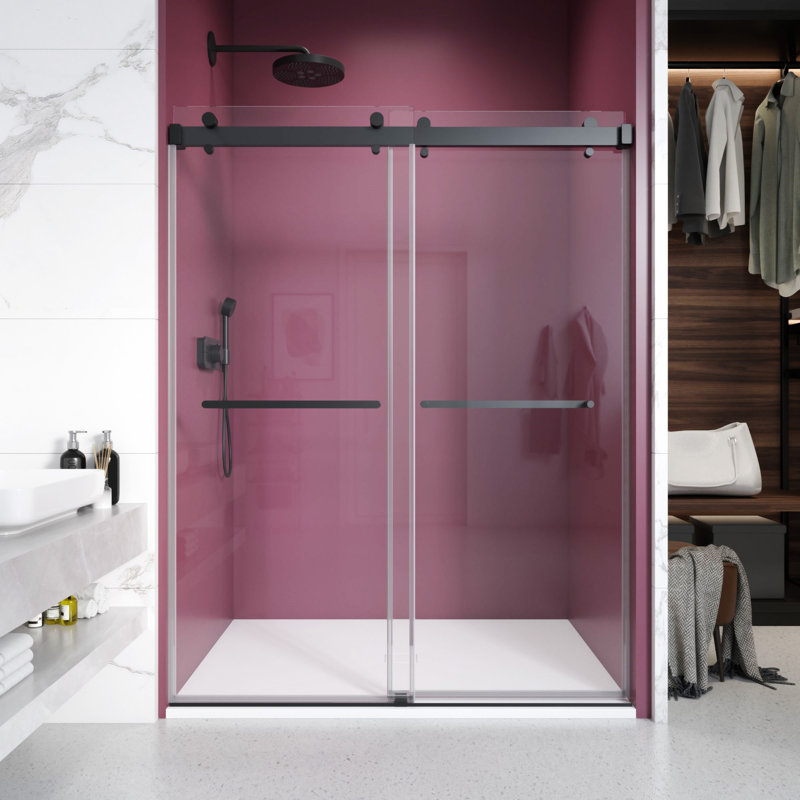 Porte de douche coulissante double sans cadre de 56 à 60 po x H 76 po avec verre transparent de 3/8 po de couleur noir mat