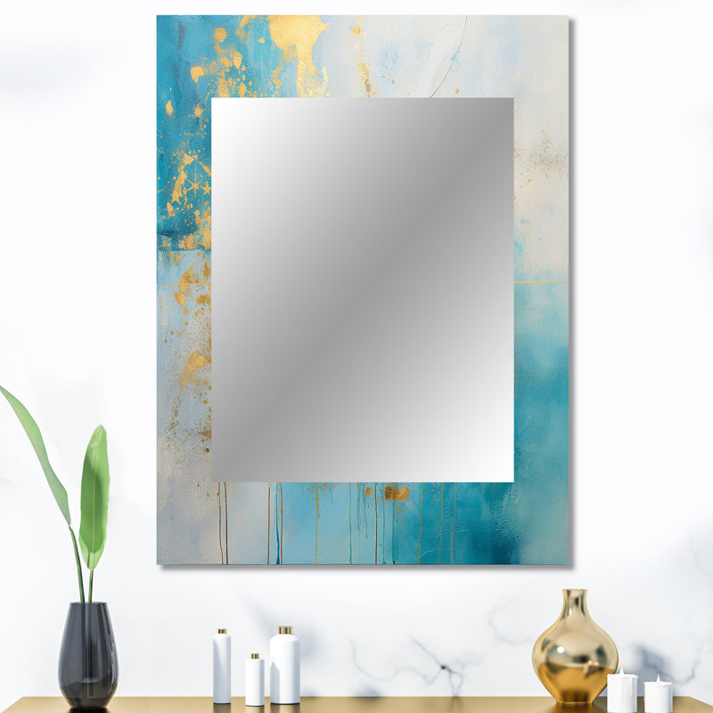 Divine Mandala Delicate Gold Gentle Turquoise V - Boho Mandala Decorative Wall Mirror, Traditional Large Mirror, Printed Metal Art